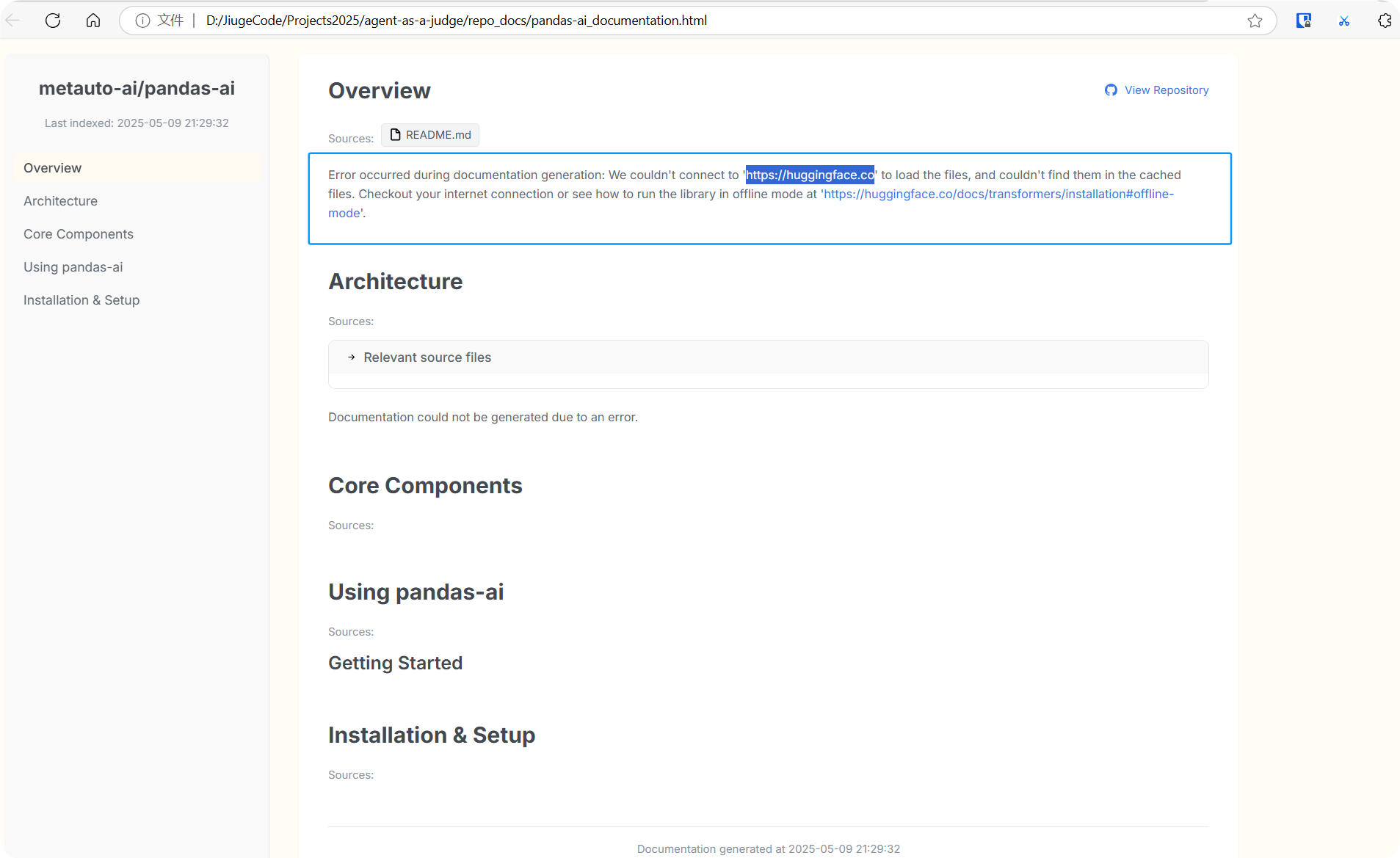 图片展示的是pandas - ai项目的文档页面。页面左侧有Overview、Architecture、Core Components、Using pandas - ai、Installation & Setup等导航栏。右侧是文档内容，上方有“Overview”标题，下方显示生成网页时出现错误，无法连接huggingface加载文件且在缓存文件中找不到，提示检查网络连接或查看如何在离线模式下运行库。该图片与文档中提到的生成网页报错情况相关，直观呈现了报错内容。