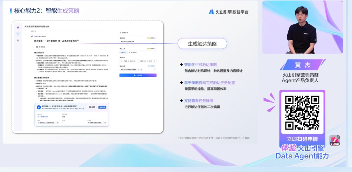 图片展示了火山引擎智数平台的核心能力之一：智能生成策略。左侧呈现了平台的界面，有“智能生成触达策略”“智能生成内容策略”等选项，还展示了“智能生成触达策略”界面，包含目标人群、触达时间、触达渠道等内容。右侧有“生成触达策略”文字，以及“智能化生成触达策略，包含触达时间设计、触达渠道及内容设计”“基于策略自动生成触达任务配置，无需手动操作，提高配置效率”“支持查看任务详情，进行触达任务二次编辑”等说明。右侧还有一位穿黑色T恤的男士，旁边有其身份信息。