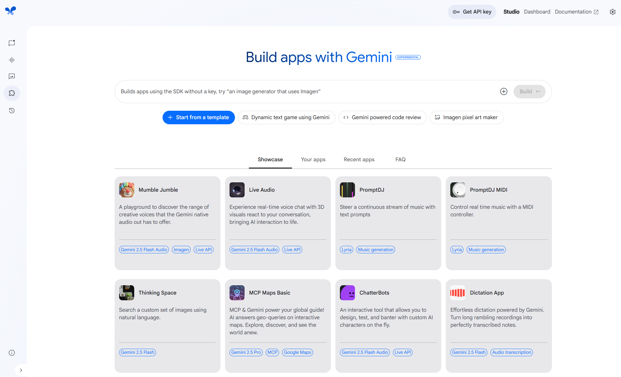 图片展示了谷歌AI Studio中“Build apps with Gemini”的界面。界面顶部有“Get API key”等选项。中间部分有“Start from a template”等操作按钮,下方有“Showcase”“Your apps”“Recent apps”“FAQ”标签,当前选中“Showcase”。下方展示了多个应用示例,如“Mumble Jumble”“Use Audio”“PromptGJ”等,每个示例都有应用名称、描述、相关功能按钮及“Gemini 2.0 Flash Audio”“Live API”等标识。该图与上下文介绍的Build apps界面内容相关,直观呈现了界面布局及示例应用。