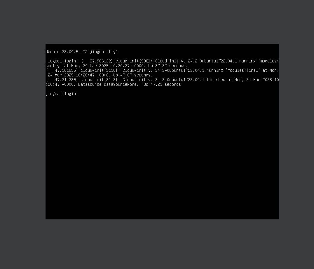 图片展示的是Ubuntu 22.04.5 LTS系统登录界面。界面上方显示“Ubuntu 22.04.5 LTS jiugeai tttyl”，下方有“jiugeai login:”提示，表明用户可在此输入用户名。界面中还显示了系统版本信息、云初始化日志等内容，如“cloud-init v. 24.2-Ubuntu1”等。该图片与文档中虚拟机登录后在命令行界面输入hostname -I查看虚拟机IP的操作步骤相关，展示了登录后的系统界面情况。
