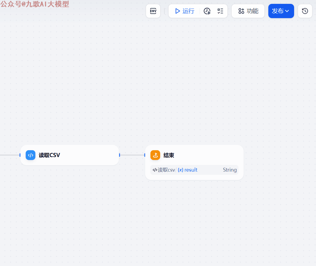 图片展示的是Dify工作流界面,左侧有一个蓝色的“读取CSV”节点,右侧是一个橙色的“结束”节点,中间有蓝色箭头连接。该图片与文档中介绍Dify Sandbox实现文件路径获取与Excel数据处理的内容相关,可能是用于说明Dify工作流中读取CSV文件数据的流程,体现了Dify在数据处理方面的功能。