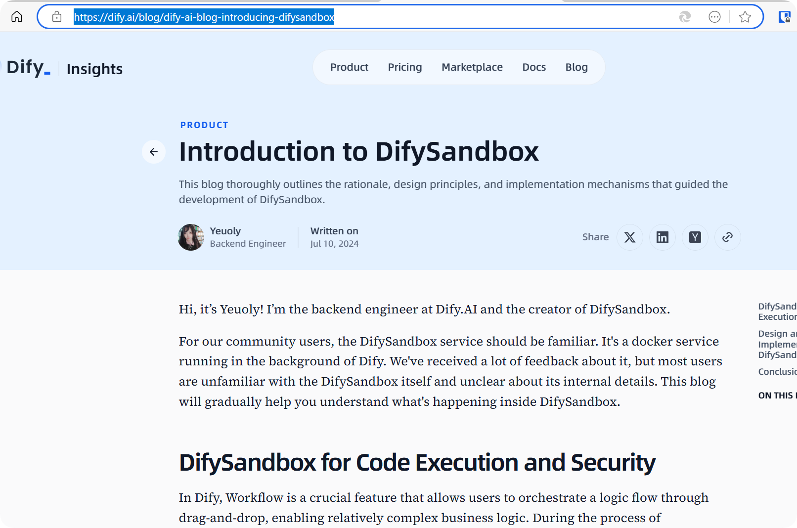 图片展示的是Dify Sandbox的英文博客页面,标题为“Introduction to DifySandbox”,作者为Yeuoly,发布日期为2024年7月10日。页面介绍了Dify Sandbox的背景,指出其是Dify后台服务的组成部分,运行在Dify后台,是Docker服务,用于执行代码。该博客详细阐述了Dify Sandbox的设计理念、实现机制等,帮助用户理解其内部运作。图片与上下文紧密相关,是对上下文提到的Dify Sandbox作者Yeuoly博客内容的直观呈现。