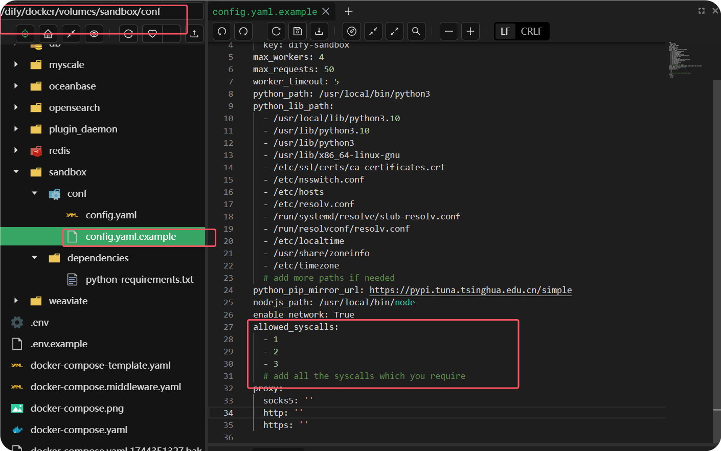 图片展示了dify沙箱配置文件config.yaml_example的内容。左侧是文件目录结构,红框突出显示了config.yaml_example文件。右侧代码区域,红框内是allowed_syscalls参数,其下有多个数字序号标识的系统调用命令,如1、2、3等,还有“# add all the syscalls which you require”注释,用于添加所需的所有系统调用命令。该图片与上下文介绍的dify沙箱允许开放系统调用命令的内容相关,直观呈现了配置文件中允许开放系统调用命令的部分。