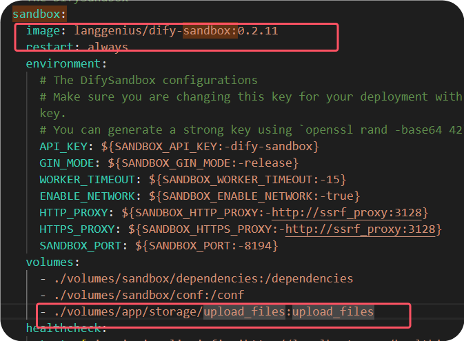 图片展示了Dify Sandbox的配置文件部分内容。关键信息是sandbox部分的镜像设置,使用了“langgenius/dify_sandbox:0.2.11”镜像;以及volumes部分,将“./volumes/app/storage/upload_files”挂载到sandbox容器的“/upload_files”路径。这些配置与上下文相关,上下文提到要获取用户上传文件路径,需将用户上传文件夹实际文件夹挂载到sandbox Docker容器中,此图片展示了具体的挂载配置,是实现该功能的关键配置内容。
