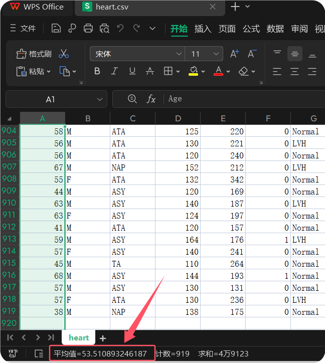 图片展示的是WPS Office中打开的heart.csv文件内容。文件包含Age等多列数据,其中Age列的平均值为53.510893246187,计数为919,求和为4万9123。图片与上文提到的使用Pandas-ai对heart.csv文件进行数据分析相呼应,通过WPS查看文件内容,验证了Pandas-ai给出的Age列平均年龄53.5108这一结果的准确性。