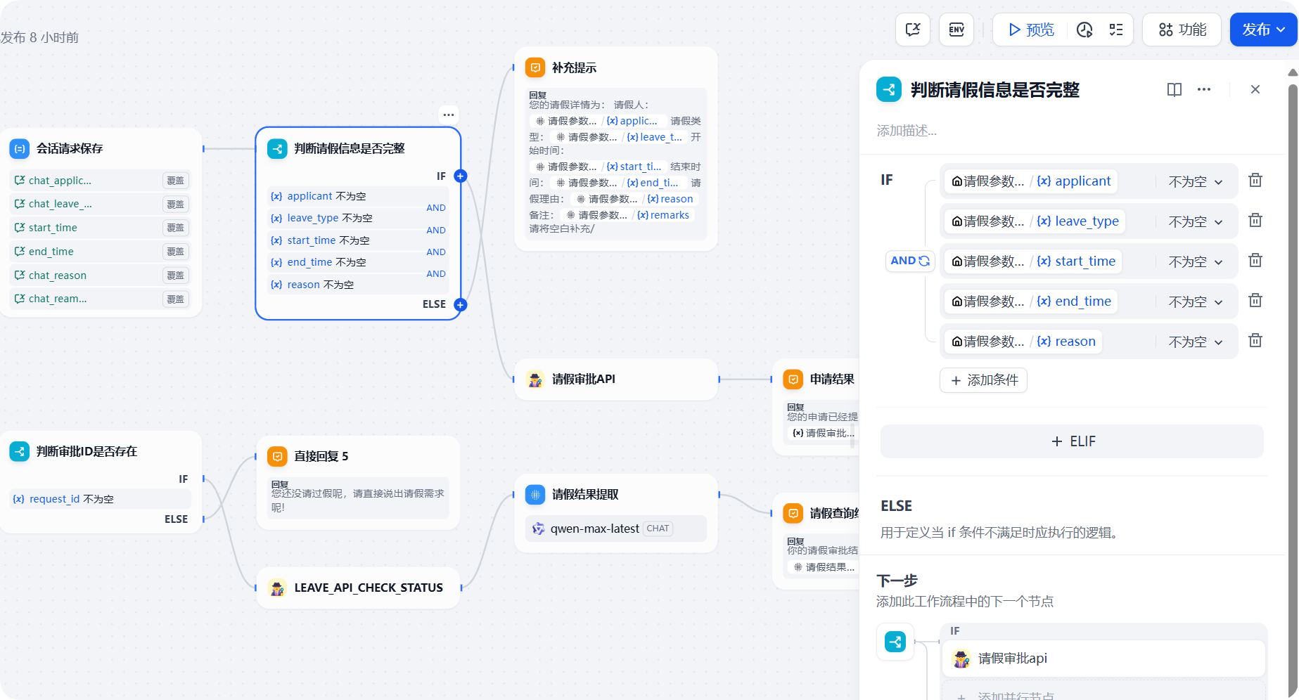 图片展示了Dify平台中OA请假智能体的工作流设计界面。左侧是工作流整体结构,包含多个节点,如“判断请假信息是否完整”“请假审批”等。右侧是“判断请假信息是否完整”节点的详细设置界面,有IF和ELSE分支,分别设置请假参数是否为空的条件,如applicant、leave_type、start_time等。该图片与文档中“(5-6)智能体应用构建和测试”部分相关,直观呈现了工作流设计与节点设置情况。